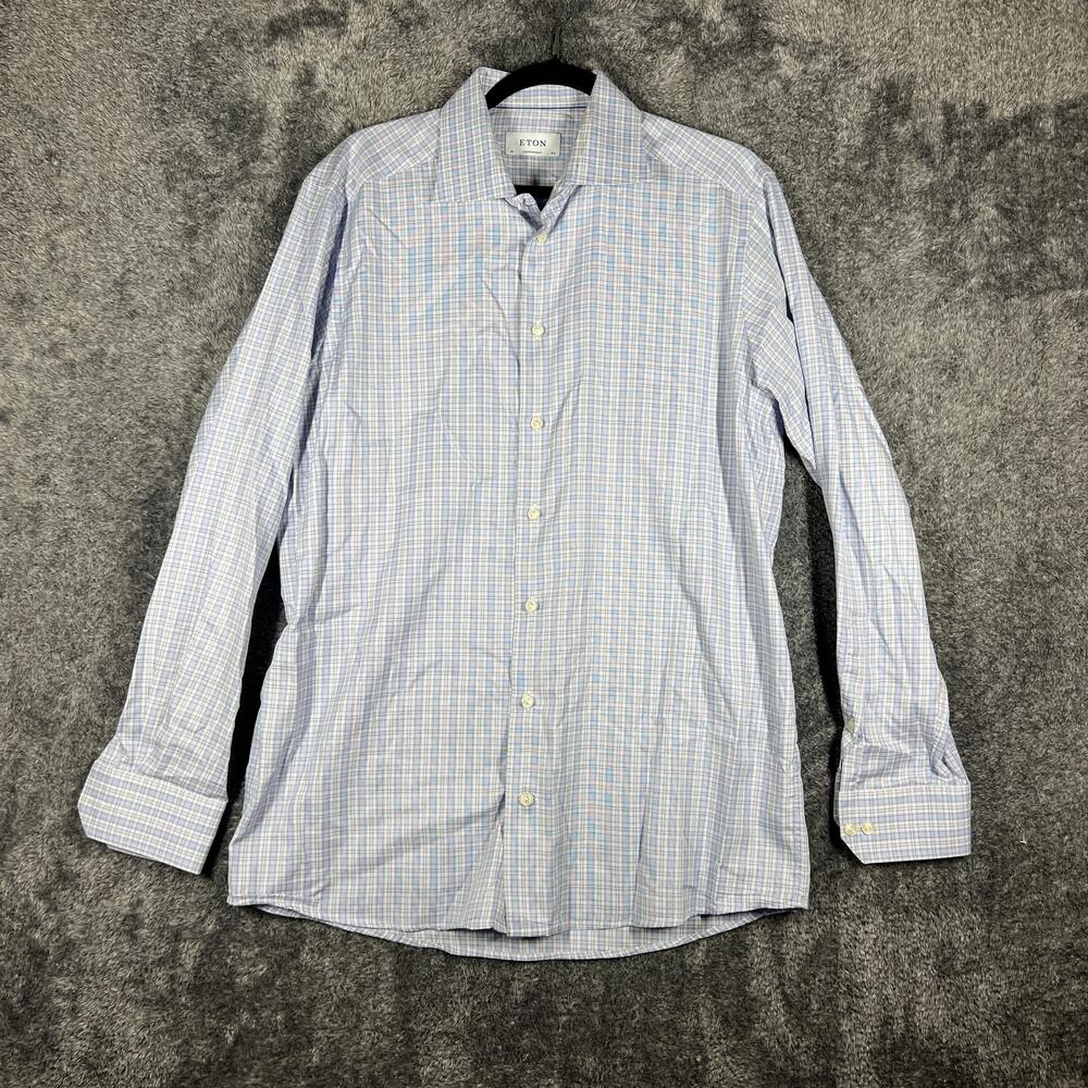 Eton Shirt Mens 42 Blue Long Sleeve Button Up Twill Cotton Slim Contemporary